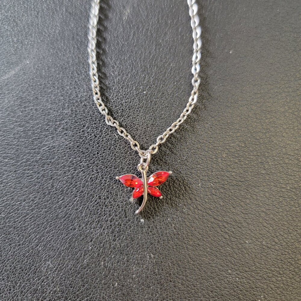 Dragonfly 18" Stainless Silver Necklace Fire Red